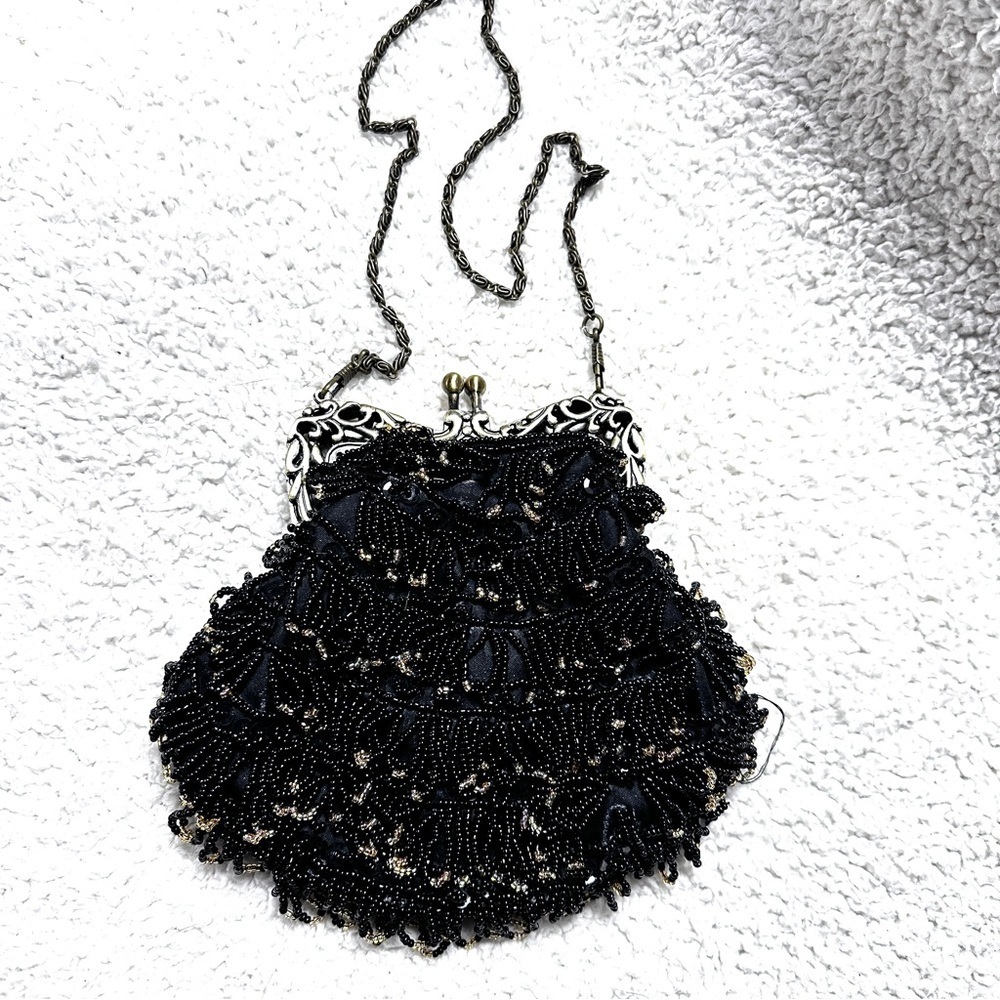 Beaded Black Evening Bag Satin Lined With pocket inside, Chain, Roaring 20s NWOT